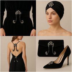 Boucle Ornement décorative noire strassée pour couture haute couture