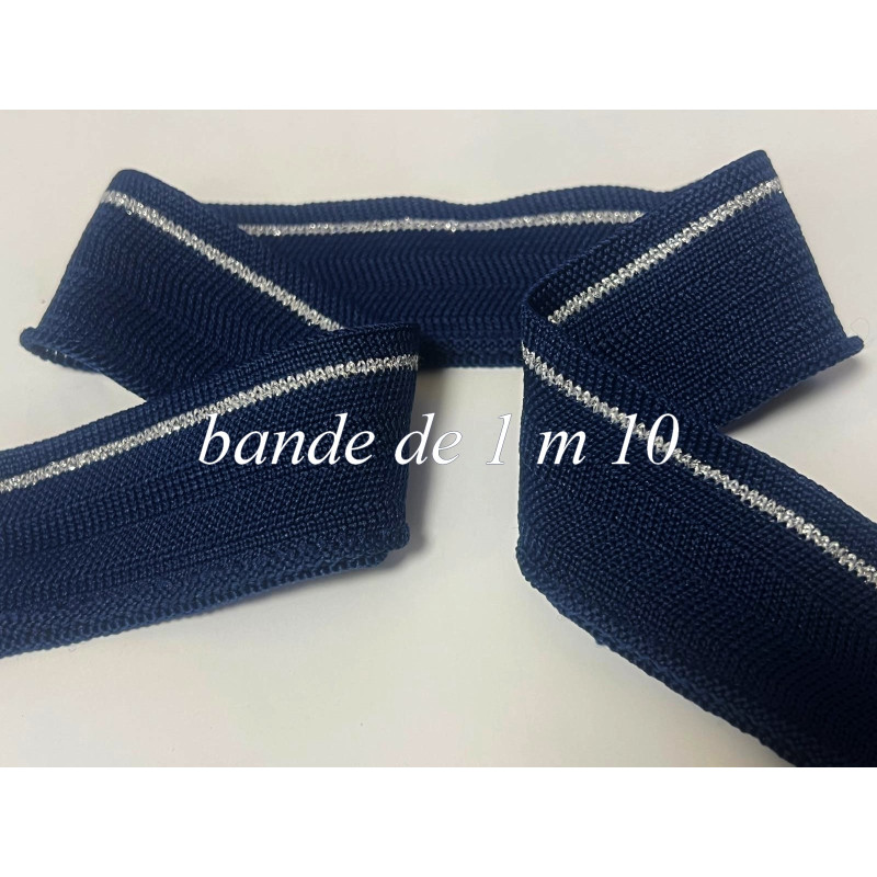 Bande De Bord-Cote élasthanne, Bleu marine et fil argenté Argent  Au Mètre. - vendu par bande de 1 m  10
