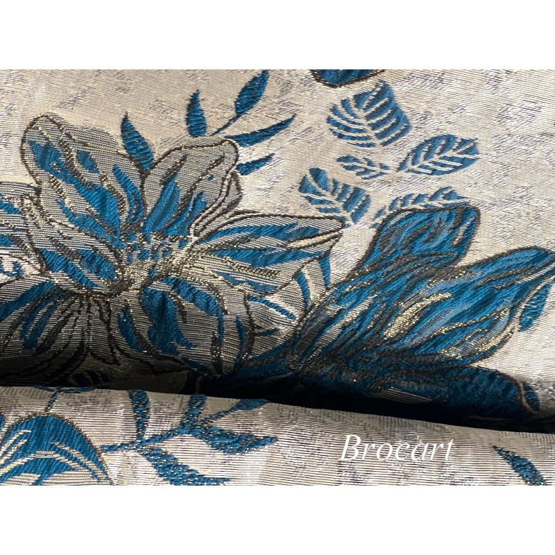 Brocart Floral Bleu Canard et Doré couture