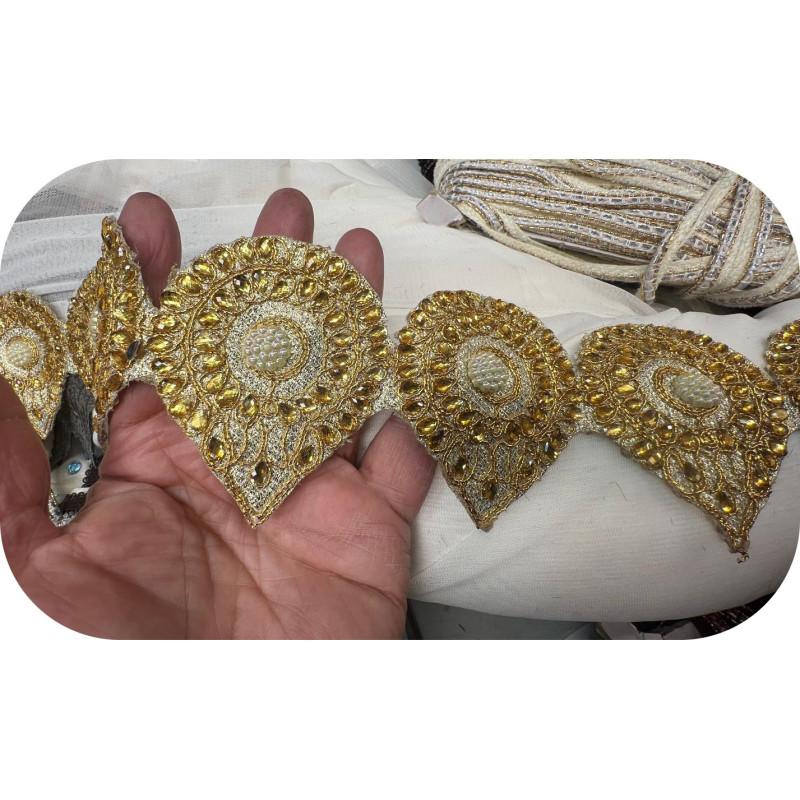 Galon Brodé Doré Perles Blanches & Strass - Ruban Décoratif Caftan Couture