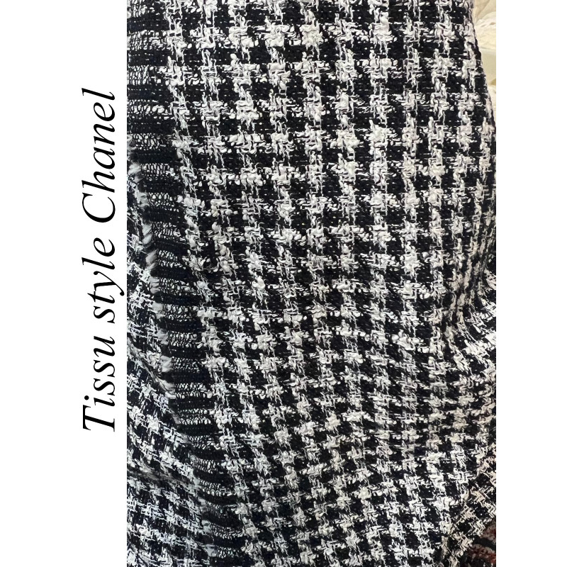 Tissu Tweed Haute Couture Pied-de-Poule Noir et Blanc - 145 cm