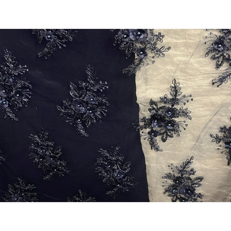 Dentelle Perlée Bleu Marine Orné de Fleurs En Grande Largeur Pour Robes De Cérémonie, Bustier Et Lingerie De Luxe.