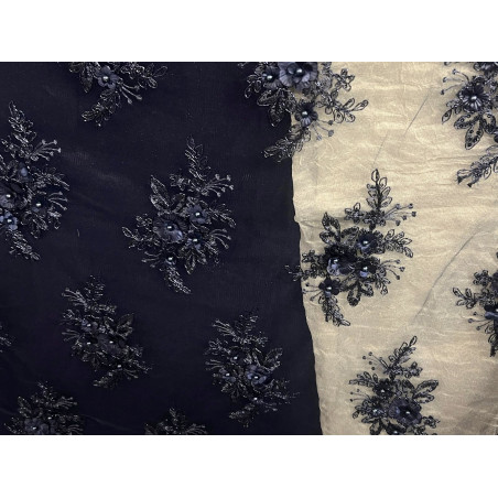 Dentelle Perlée Bleu Marine Orné de Fleurs En Grande Largeur Pour Robes De Cérémonie, Bustier Et Lingerie De Luxe.