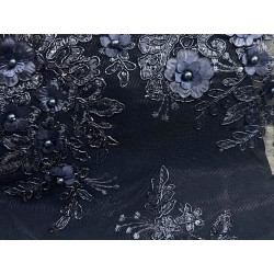 Dentelle Perlée Bleu Marine Orné de Fleurs En Grande Largeur Pour Robes De Cérémonie, Bustier Et Lingerie De Luxe.
