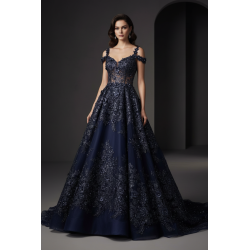 Dentelle Perlée Bleu Marine Orné de Fleurs En Grande Largeur Pour Robes De Cérémonie, Bustier Et Lingerie De Luxe.