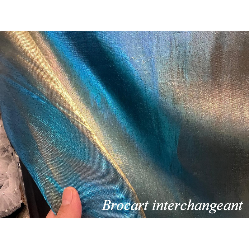 Tissu Brocart Interchangeant Bleu Turquoise et Or - Largeur 150 cm - Haute Couture