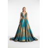 Tissu Brocart Interchangeant Bleu Turquoise et Or - Largeur 150 cm - Haute Couture
