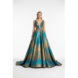 Tissu Brocart Interchangeant Bleu Turquoise et Or - Largeur 150 cm - Haute Couture
