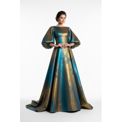 Tissu Brocart Interchangeant Bleu Turquoise et Or - Largeur 150 cm - Haute Couture