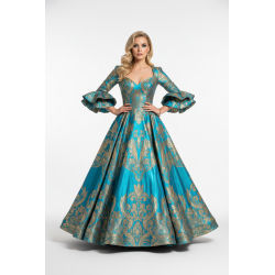 Tissu Brocart Interchangeant Bleu Turquoise et Or - Largeur 150 cm - Haute Couture