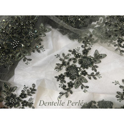 Dentelle Perlée Vert Kaki sur Résille Au Mètre Couture en Grande Largeur.