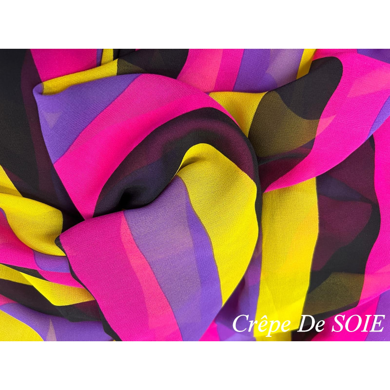 Tissu crêpe de soie imprimé multicolore haute couture – largeur 1,25 m