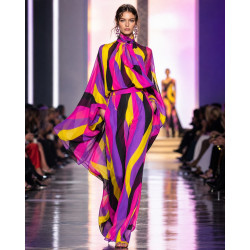Tissu crêpe de soie imprimé multicolore haute couture – largeur 1,25 m
