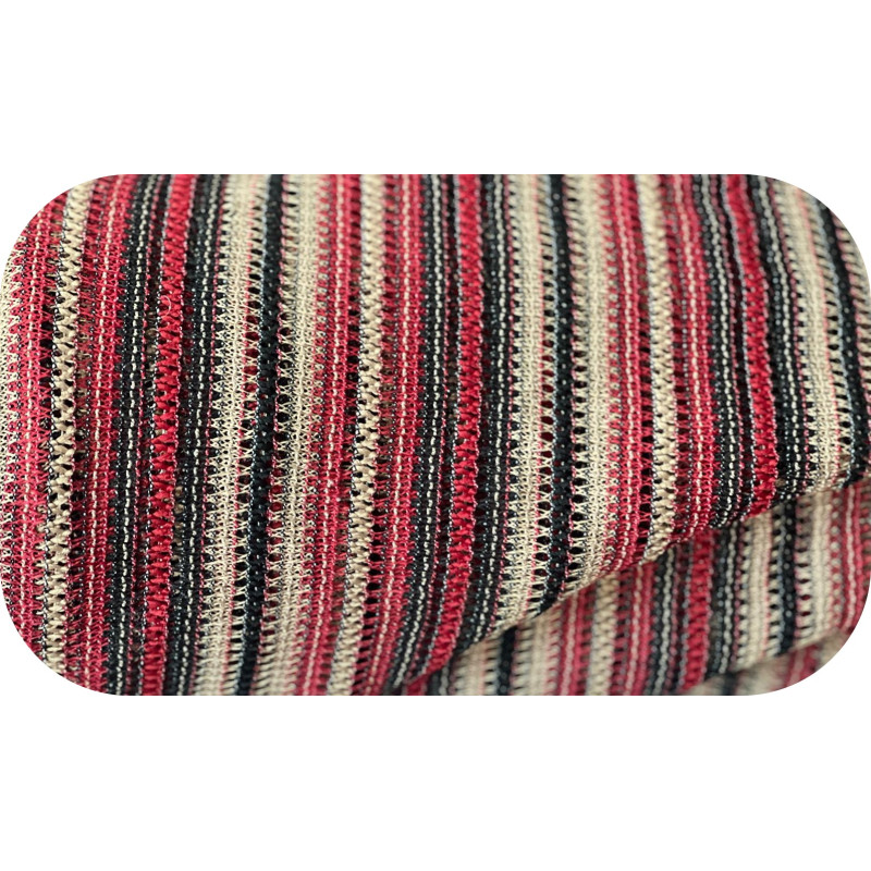 Tissu Maille Crochet  rayée rouge, noir et beige – au mètre