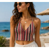 Tissu Maille Crochet  rayée rouge, noir et beige – au mètre