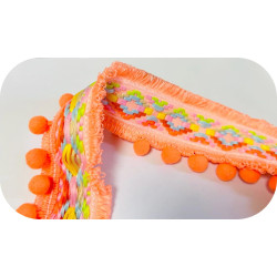 Galon Bohème à Pompons Corail Fluo 5 cm – Ruban Ethnique pour Sacs de Plage et Vêtements Bohèmes