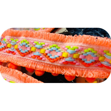 Galon Bohème à Pompons Fluo Corail 5 cm au Mètre | Syage Mercerie