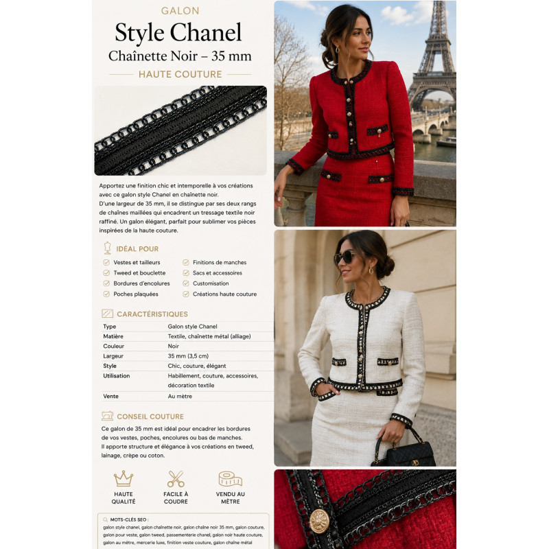 Galon Style Chanel Chaînette Noir 35 mm – Galon Haute Couture