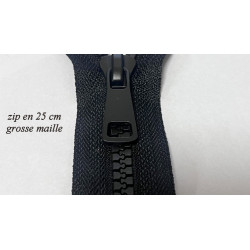 Fermeture Éclair Zip en Grosse en 25 cm Maille de 8 mm Élégante , avec Ruban Tissu Noir et Curseur en Métal noir