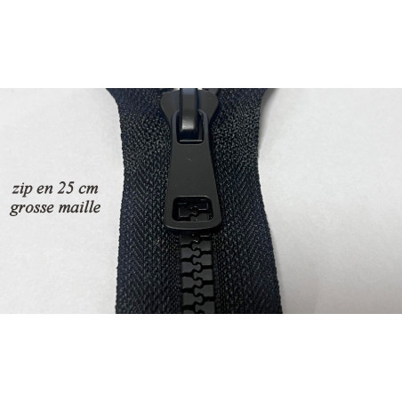 Fermeture Éclair Zip en Grosse en 25 cm Maille de 8 mm Élégante , avec Ruban Tissu Noir et Curseur en Métal noir