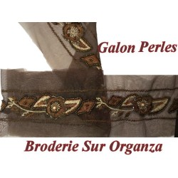 Galon Ruban En broderie perles Sur Tulle  En 12 Cm Choco   Pour Décorations Caftans Et Customisations.