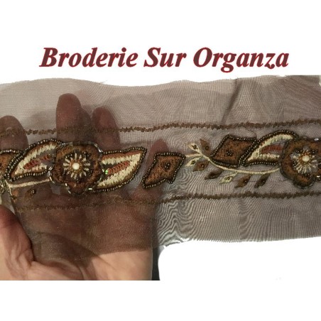 Galon Ruban En broderie perles Sur Tulle  En 12 Cm Choco   Pour Décorations Caftans Et Customisations.