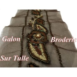 Galon Ruban En broderie perles Sur Tulle  En 12 Cm Choco   Pour Décorations Caftans Et Customisations.